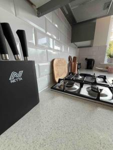 a kitchen counter with a stove top in a kitchen at Modern Apt - Comfort Family and Business Travellers with Parking in Oxford