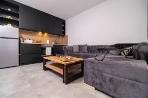 a kitchen and living room with a couch and a table at Chic 1BR Apartment with Balcony in Plovdiv in Plovdiv +60 photos