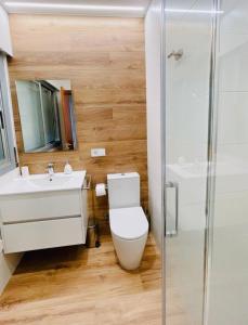 uma casa de banho com um WC, um lavatório e um chuveiro em Casa Paradela Sanxenxo em Pontevedra
