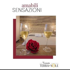 two glasses of wine and a rose on a table at Tenuta Terra e Sole in Castrocielo