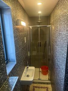 uma casa de banho com um chuveiro, um lavatório e um WC. em London Glamour Apartment Two em Londres