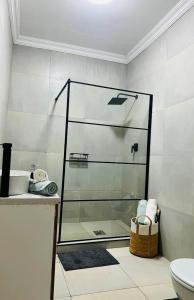 a glass shower in a bathroom with a sink at Tranquil Escapes Bramley in Johannesburg