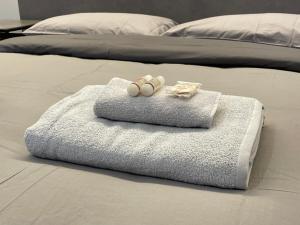 duas toalhas sentadas em cima de uma cama em TALEDA Apartments - Modern Apartments & Self Checkin in the Old Town em Lugano