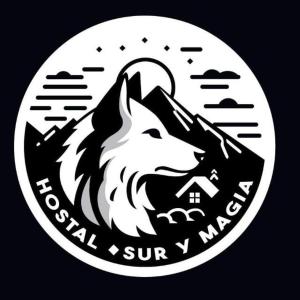 a logo of a wolf with a house in the background at Hostal Sur Y Magia in Coihaique