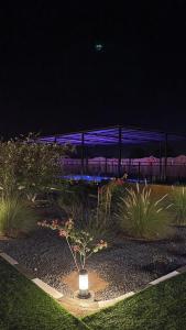una terraza con luces moradas en un jardín por la noche en مزرعة واستراحة الجوري en Al Khatim