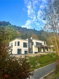 une grande maison blanche sur une colline à côté d'une route dans l'établissement Wohnung am Wald, à Geisa