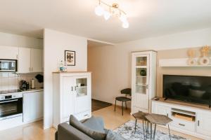 ein Wohnzimmer mit einem Sofa und einem TV in der Unterkunft Staylight Cozy Appartement, ruhig und citynah gelegen, Netflix, Premium Ausstattung in Celle