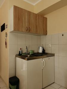a kitchen with wooden cabinets and a counter top at Kristina NS in Novi Sad