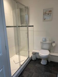 a bathroom with a toilet and a glass shower at Number 10 Serviced Apartment - City Center in Southampton