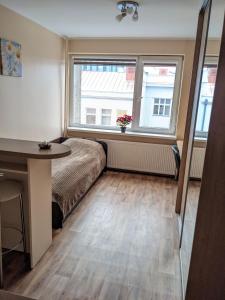 a bedroom with a bed and a desk and two windows at Studio apartment at Cozy Apartments in Kaunas