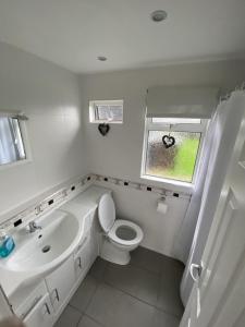 a bathroom with a sink and a toilet and a window at Granada, 2 bedroom chalet with onsite pool and bar in Selsey