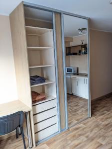 a room with a closet with a mirror at Studio apartment at Cozy Apartments in Kaunas