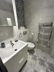 a bathroom with a white sink and a toilet at MEBA APARTMENTS in Braşov +6 photos