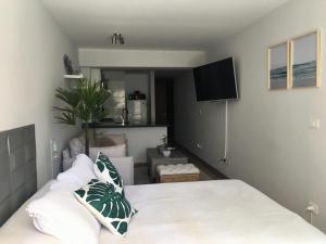 モンテビデオにあるLoft con piscina en Punta Carretasのベッドルーム1室(ベッド1台、壁掛けテレビ付)