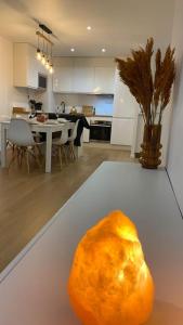 an orange sitting on top of a table in a kitchen at Nice and cosy flat near Geneva or Annecy in Bellegarde-sur-Valserine