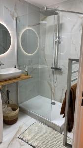 a bathroom with a glass shower with a sink at Nice and cosy flat near Geneva or Annecy in Bellegarde-sur-Valserine