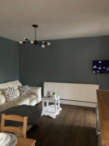 a living room with a couch and a tv on a wall at 2bed apartment free parking in Oxford