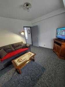 a living room with a couch and a tv at Gite en pleine verdure au coeur du village in Lapoutroie