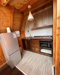 eine Küche mit Kühlschrank und Spüle in der Unterkunft Cabaña Pumol in Futrono
