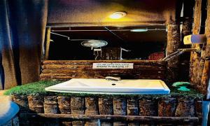 a bathroom with a white sink and a mirror at Eagles nest in Wayanad