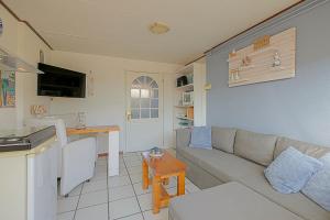 卡兰茨奥赫Tiny House Petite - Callantsoog aan Zee的客厅里有一张沙发和一个厨房