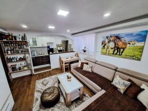 a living room with a couch and a horse painting on the wall at Apartman Magic Sauna,Jakuzzi,Kino in Livno