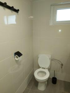 ein weißes Bad mit einem WC und einem Fenster in der Unterkunft studio au calme wifi 600m centre ville in Castres