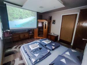 a bedroom with a large screen television and a bed at Apartman Magic Sauna,Jakuzzi,Kino in Livno