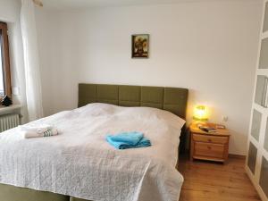 Un dormitorio con una cama con una almohada azul. en FW Sofia, en Zwiesel