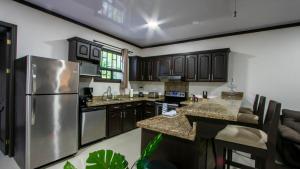 una cucina con armadi in legno e frigorifero in acciaio inossidabile di Chachagua Suites & Villas a Fortuna