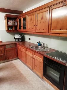 a kitchen with wooden cabinets and a sink at Ferienwohnung Thresi Leo in Hart im Zillertal