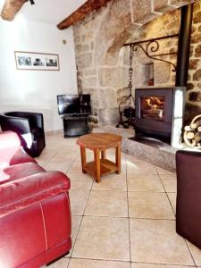 ein Wohnzimmer mit einem Sofa und einem Kamin in der Unterkunft Maison paysanne, proche Aubrac in Huparlac