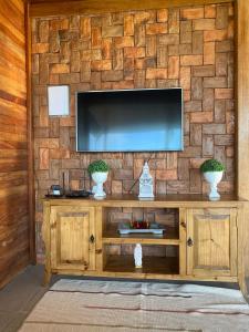 a television on a brick wall with a wooden entertainment center at Recanto na Serra Bananeiras in Bananeiras