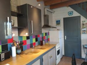 een keuken met een wastafel en een kleurrijke tegelwand bij La mare au Loup in Vitré