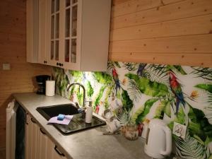 a kitchen with a sink and a tropical wallpaper at Kaszuby wczasy u Danusi sauna i bania in Lipusz