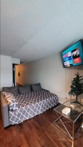 a bedroom with a bed and a flat screen tv at CN Tower View with Free Parking, Pool, & Gym by Trains and Buses in Toronto