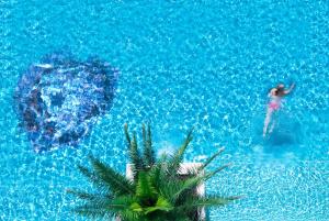 a man swimming in a pool next to a palm tree at Hotel Montecarlo in Bibione