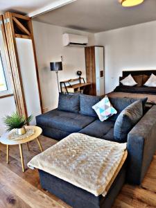 a living room with a blue couch and a bed at Lions Place Premium Apartments EXECUTIVE Luxus PENTHOUSE inklusive SPA in Heidenheim an der Brenz