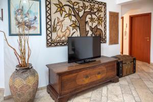 uma televisão em cima de um armário de madeira com um vaso em SE030 - Senigallia, elegante appartamento nel centro storico em Senigallia