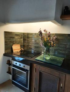 a kitchen with a counter with a vase of flowers at Casa Malva - Traditional townhouse apartment in Monchique