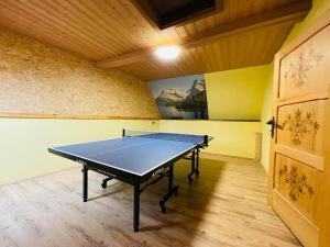 una mesa de ping pong en una habitación con puerta en Ferienwohnung Sonnleiten, en Puchberg am Schneeberg
