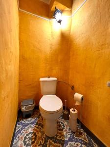uma casa de banho com um WC branco numa parede amarela em Estudio en masía Can Mon em Anglés