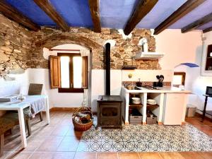uma cozinha com um fogão e uma parede de pedra em Estudio en masía Can Mon em Anglés