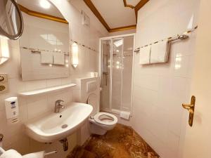 a white bathroom with a toilet and a sink at Gästehaus am Stadtpark in Vöcklabruck