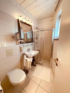 a bathroom with a toilet sink and a shower at Gästehaus am Stadtpark in Vöcklabruck