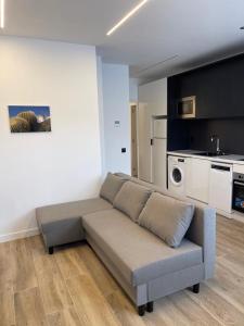 ein Sofa im Wohnzimmer mit Küche in der Unterkunft Exyca Metropolitano in Madrid