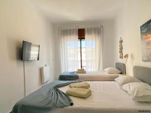 a room with three beds with a tv and a window at Blife Julya private rooms in Faro