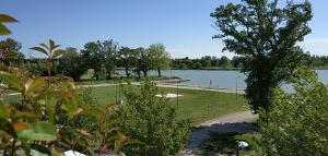 a view of a park with a lake and trees at Superbe studio, vue lac, Spirou, rando, velo in Monteux
