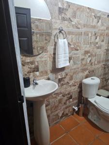 een badkamer met een wastafel, een toilet en een spiegel bij Finca Mr Bueno in Barichara
