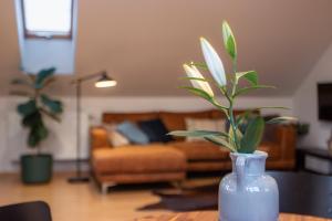 um vaso com uma planta sobre uma mesa numa sala de estar em Pod Vojtěchem - soukromý wellness apartmán em Wotitz